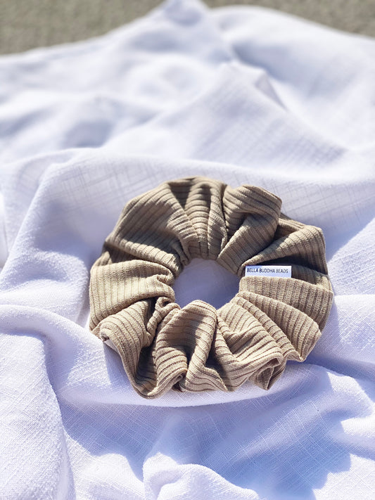 Beige Ribbed Jersey Knit Scrunchie